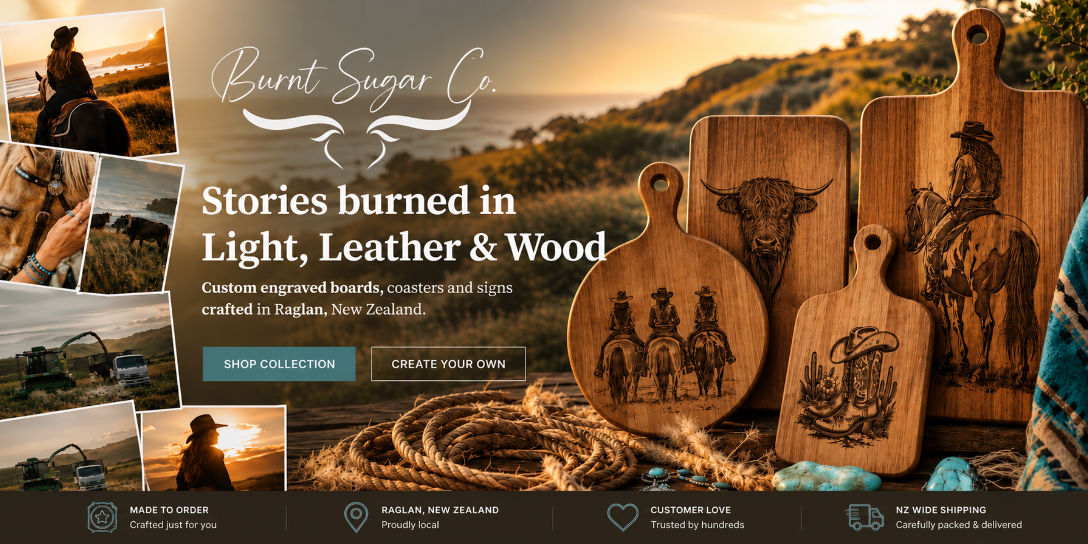 A promotional banner for Burnt Sugar Co. showcasing custom engraved wooden cutting boards and signs with rustic designs, alongside a collage of outdoor lifestyle photos and text reading 'Stories burned in Light, Leather & Wood'.